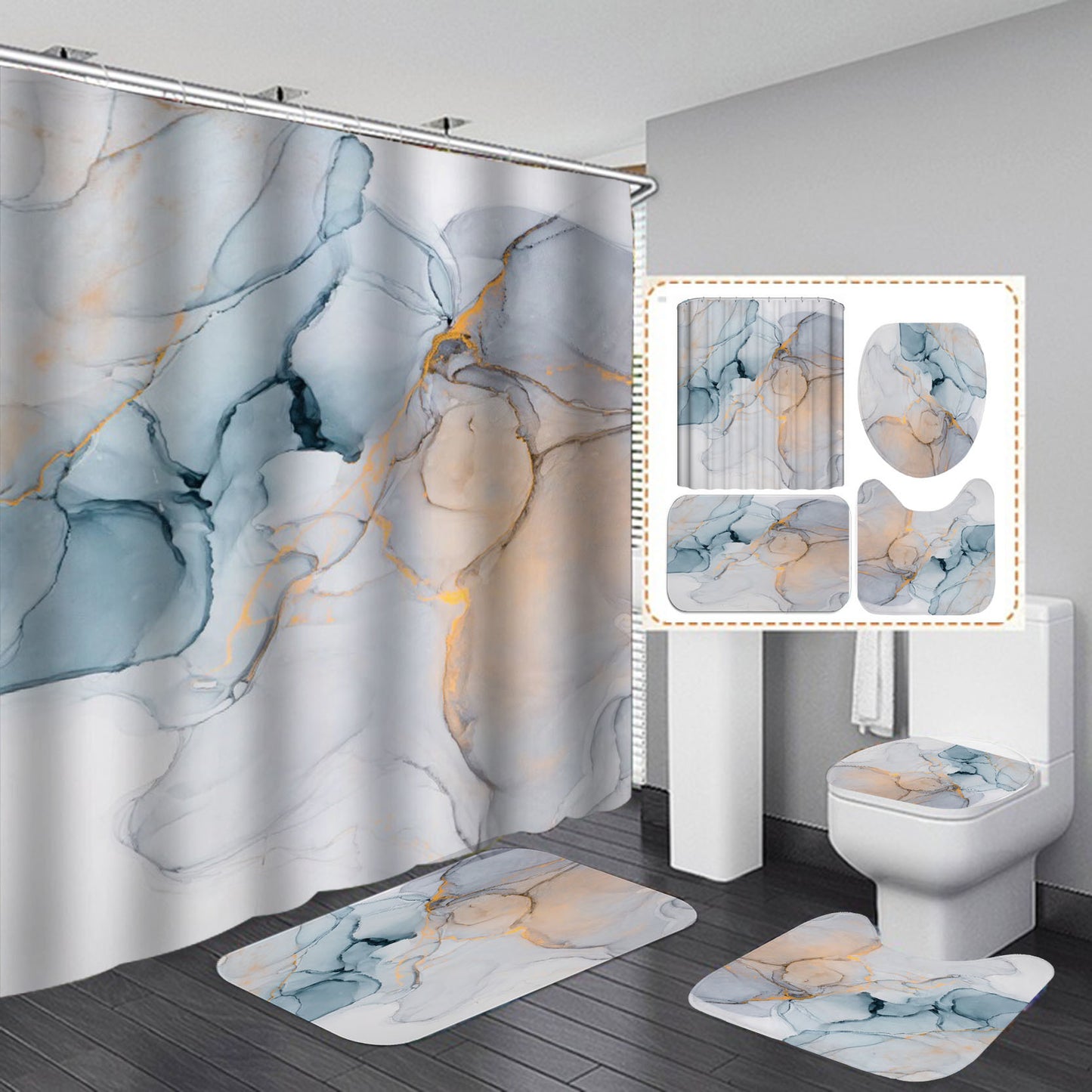 3D Shower Curtain Set with Anti-Slip Bath Mat – Modern Bathroom Decor