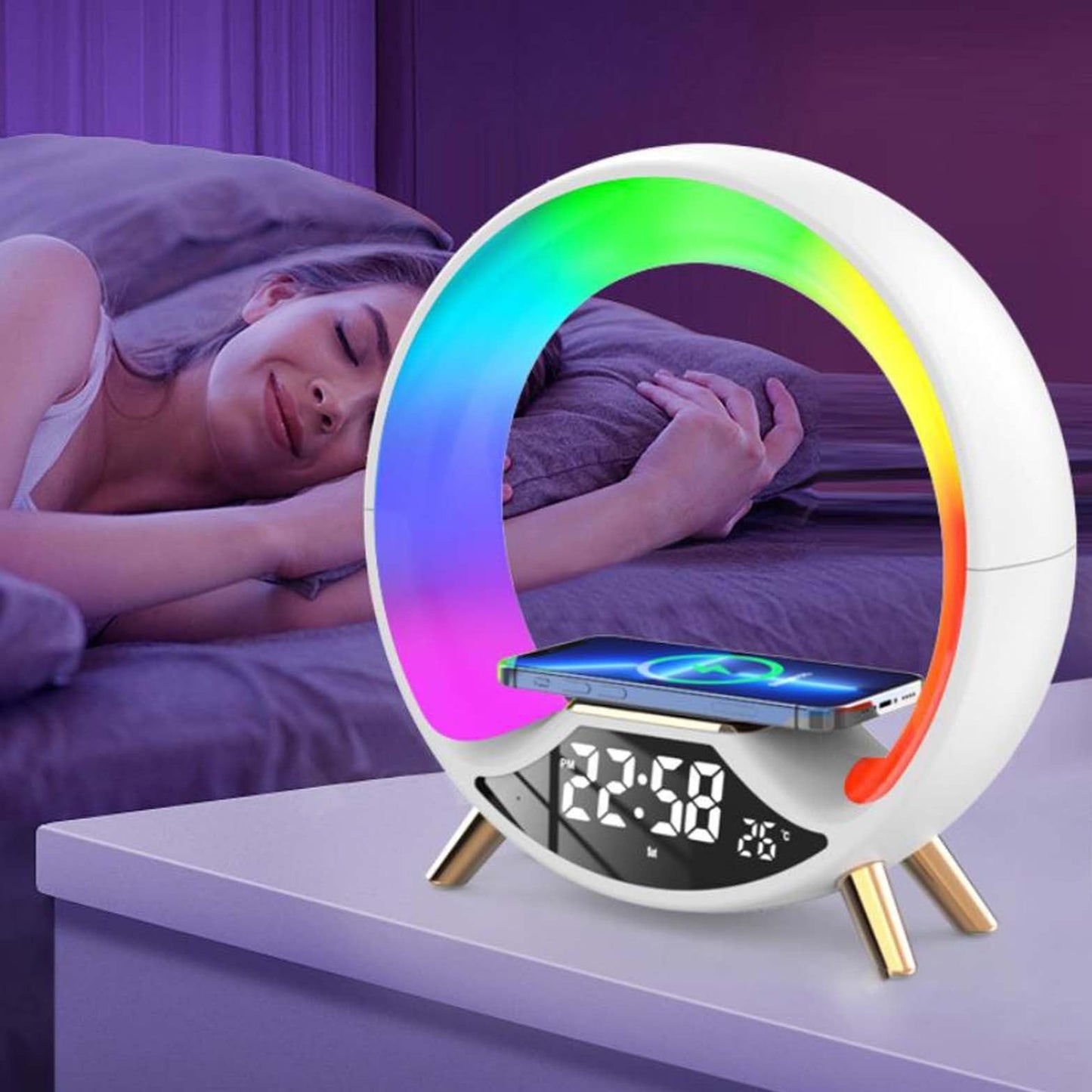 3-in-1 Wireless Charging Lamp – Bluetooth Speaker, Night Light & Alarm Clock